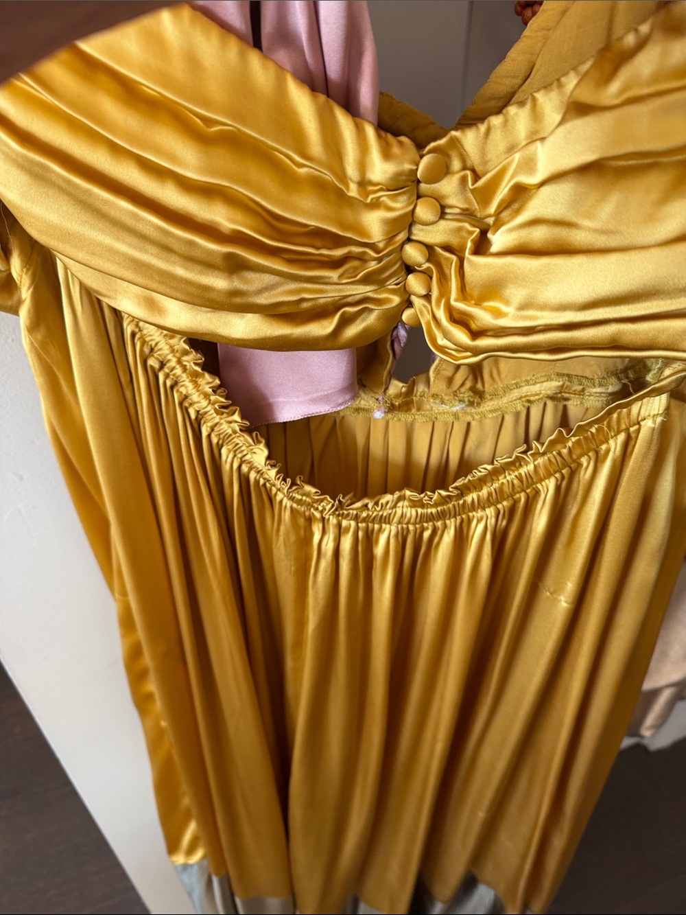 Anthropologie Satin Two-Tone Gold and Olive Maxi Dress with Pink Halter Tie - Picture 2 of 4